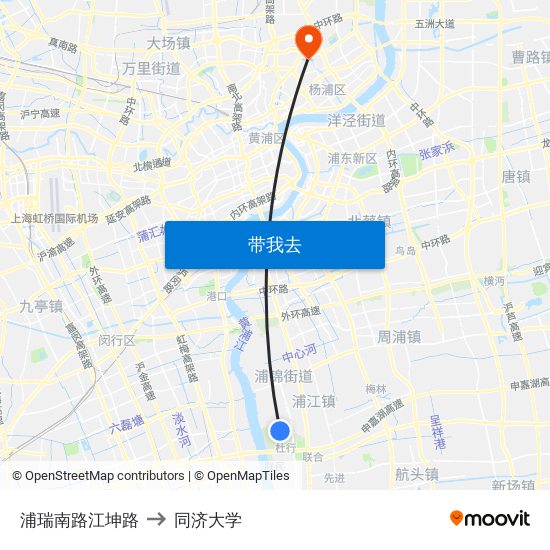 浦瑞南路江坤路 to 同济大学 map