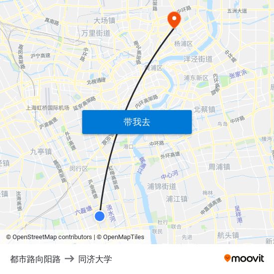 都市路向阳路 to 同济大学 map