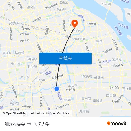 浦秀村委会 to 同济大学 map