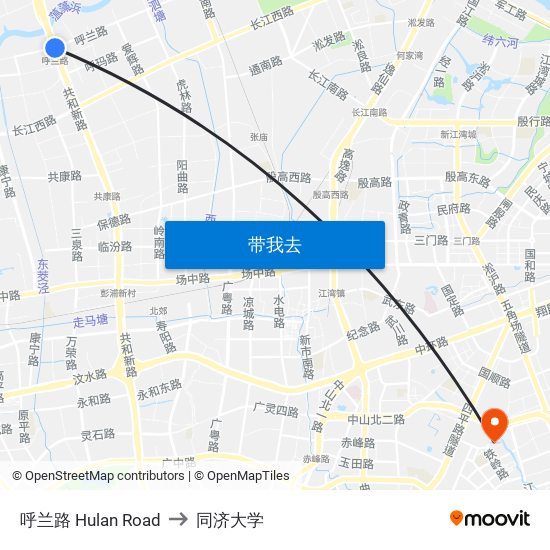 呼兰路 Hulan Road to 同济大学 map