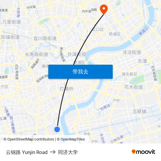 云锦路 Yunjin Road to 同济大学 map