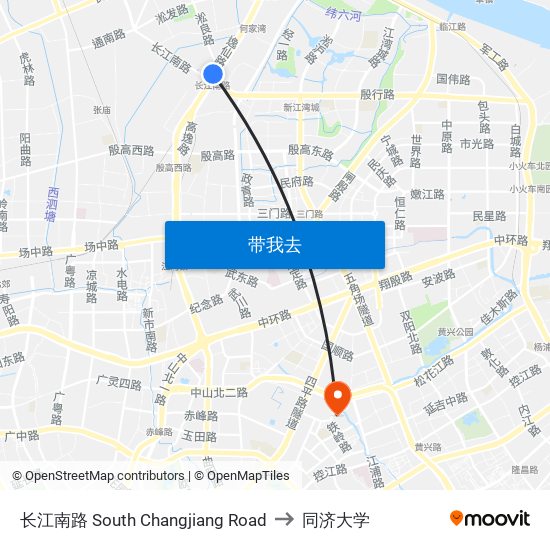 长江南路 South Changjiang Road to 同济大学 map