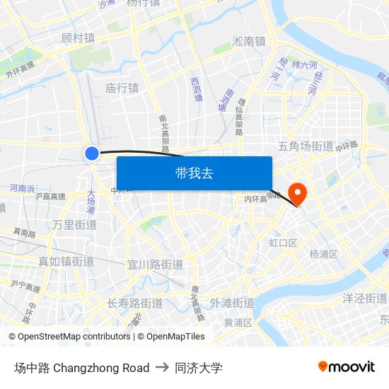 场中路 Changzhong Road to 同济大学 map