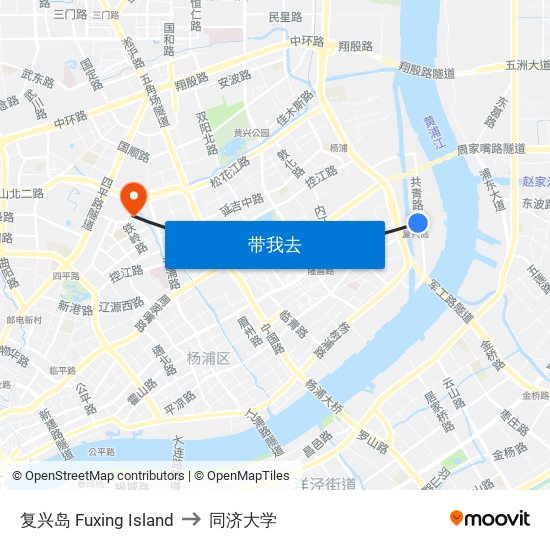 复兴岛 Fuxing Island to 同济大学 map