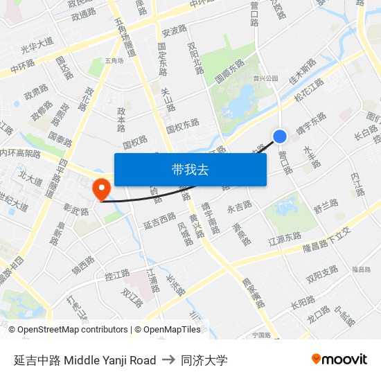 延吉中路 Middle Yanji Road to 同济大学 map