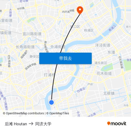 后滩 Houtan to 同济大学 map