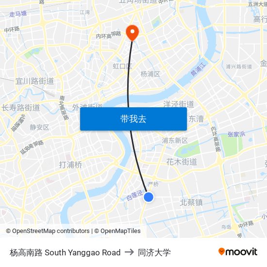 杨高南路 South Yanggao Road to 同济大学 map