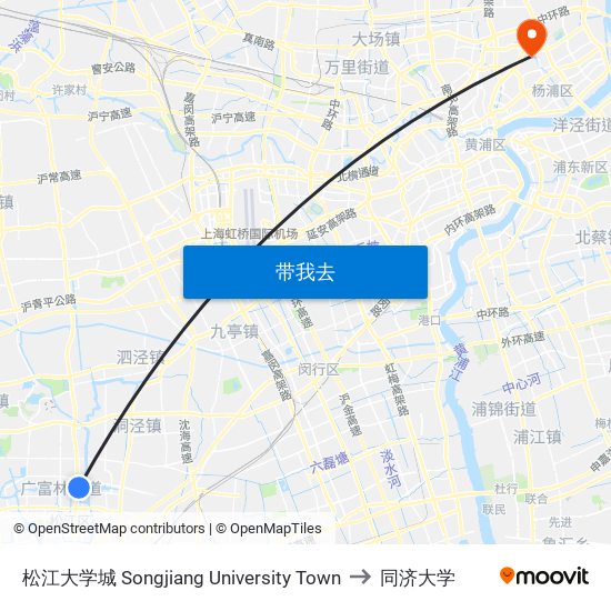 松江大学城 Songjiang University Town to 同济大学 map