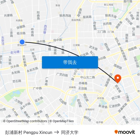 彭浦新村 Pengpu Xincun to 同济大学 map