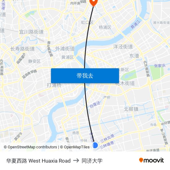 华夏西路 West Huaxia Road to 同济大学 map