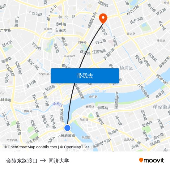 金陵东路渡口 to 同济大学 map