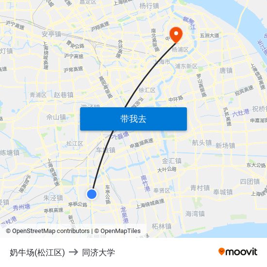 奶牛场(松江区) to 同济大学 map