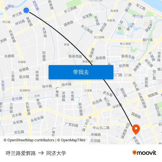 呼兰路爱辉路 to 同济大学 map