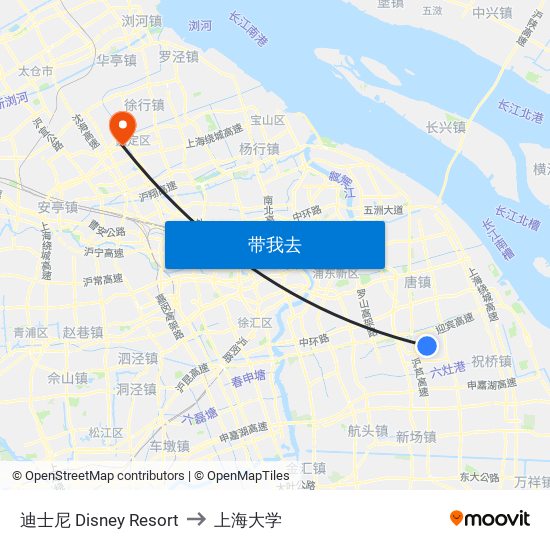 迪士尼 Disney Resort to 上海大学 map