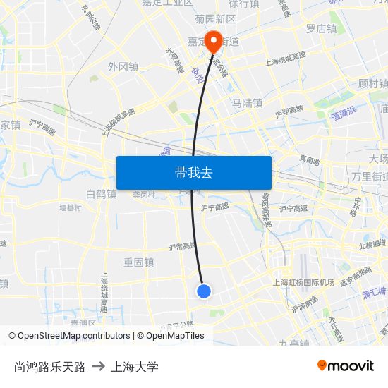 尚鸿路乐天路 to 上海大学 map