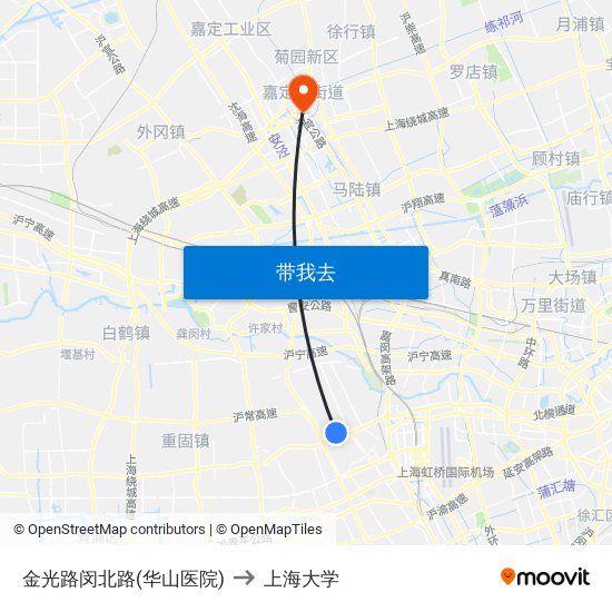 金光路闵北路(华山医院) to 上海大学 map