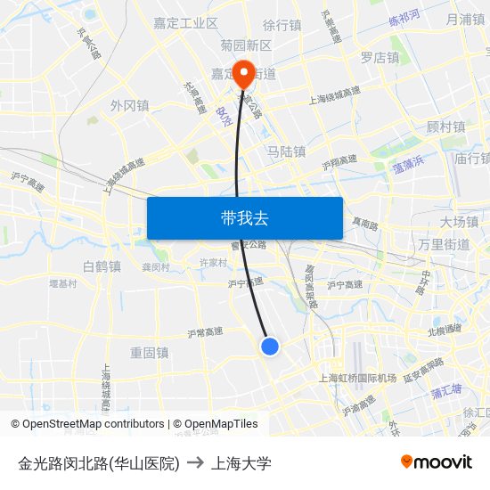金光路闵北路(华山医院) to 上海大学 map