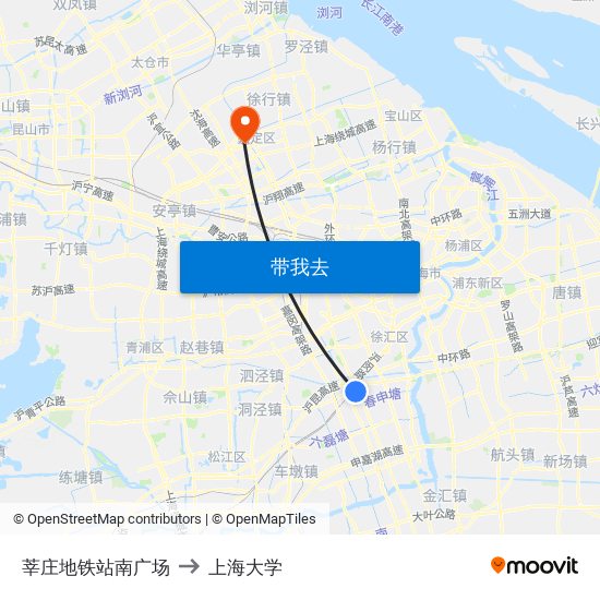 莘庄地铁站南广场 to 上海大学 map
