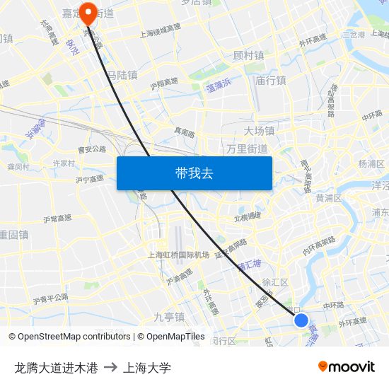 龙腾大道进木港 to 上海大学 map
