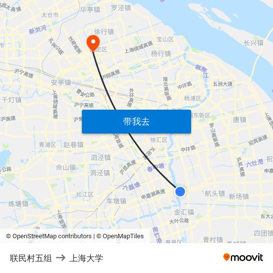 联民村五组 to 上海大学 map