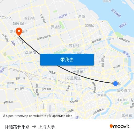 怀德路长阳路 to 上海大学 map