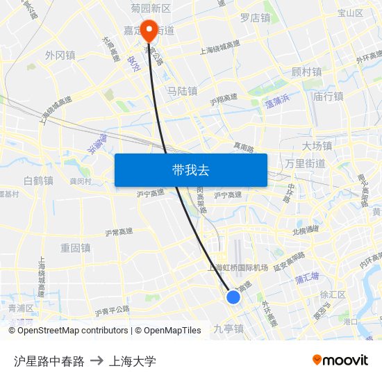 沪星路中春路 to 上海大学 map