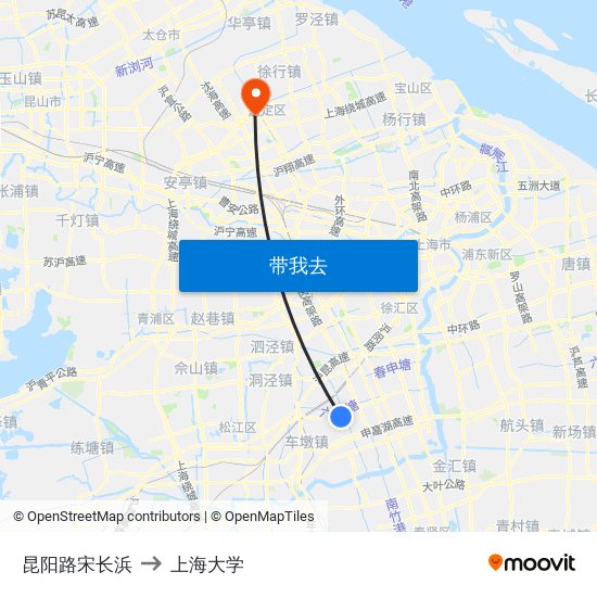 昆阳路宋长浜 to 上海大学 map