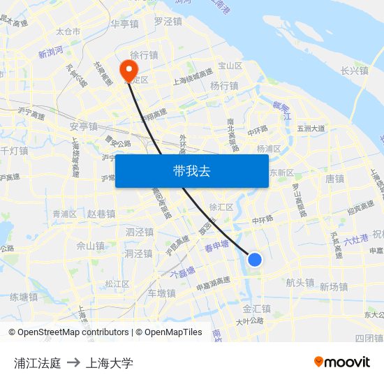 浦江法庭 to 上海大学 map
