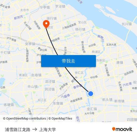 浦雪路江龙路 to 上海大学 map