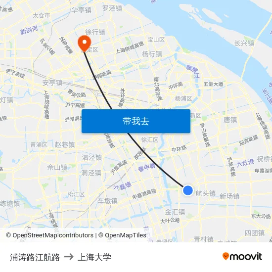 浦涛路江航路 to 上海大学 map