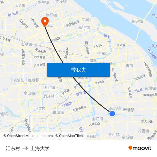 汇东村 to 上海大学 map
