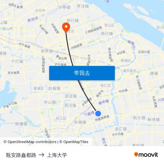 瓶安路鑫都路 to 上海大学 map