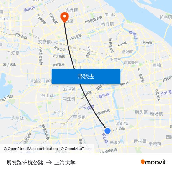 展发路沪杭公路 to 上海大学 map