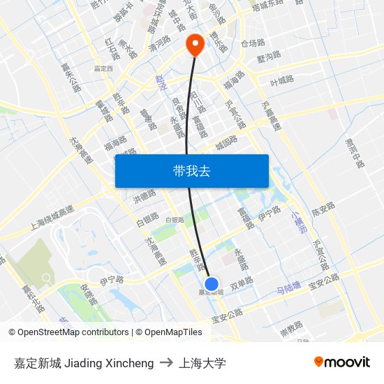 嘉定新城 Jiading Xincheng to 上海大学 map