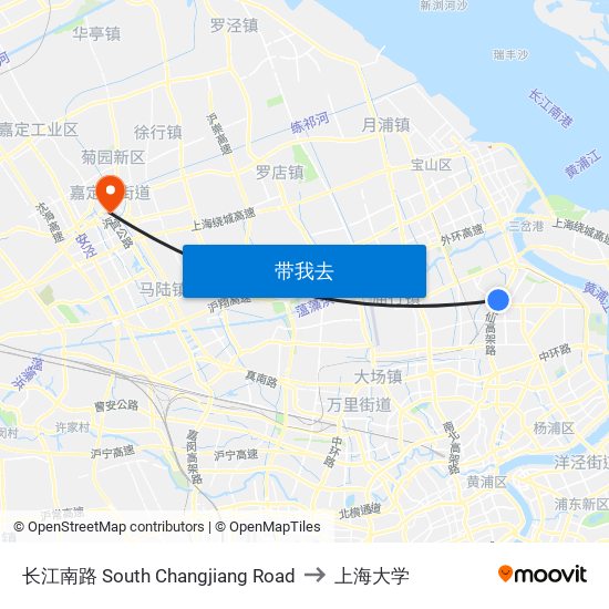 长江南路 South Changjiang Road to 上海大学 map