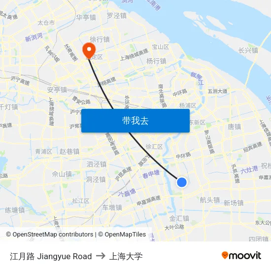 江月路 Jiangyue Road to 上海大学 map