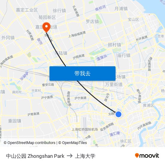 中山公园 Zhongshan Park to 上海大学 map