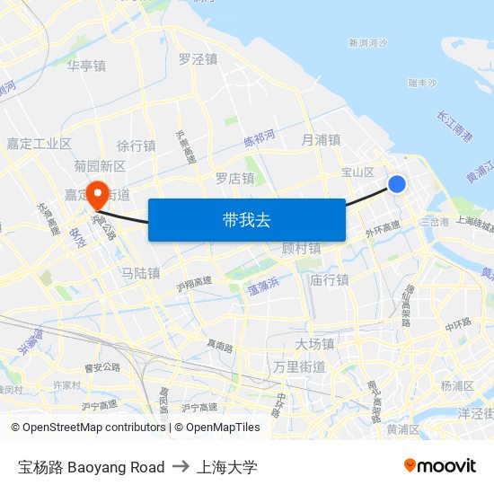 宝杨路 Baoyang Road to 上海大学 map