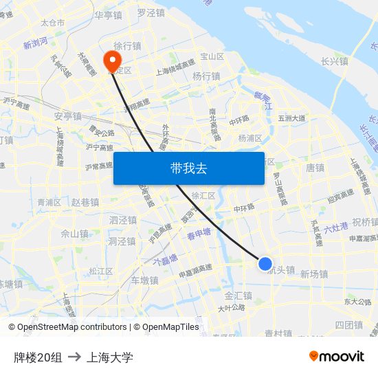 牌楼20组 to 上海大学 map