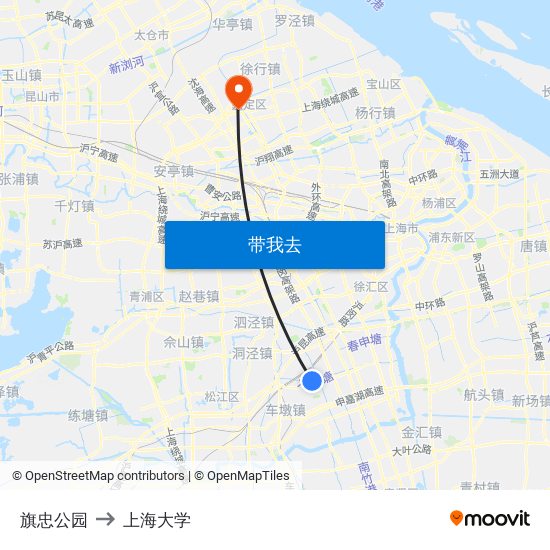 旗忠公园 to 上海大学 map