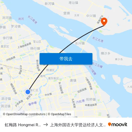 虹梅路 Hongmei Road to 上海外国语大学贤达经济人文学院 map