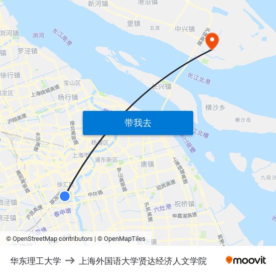 华东理工大学 to 上海外国语大学贤达经济人文学院 map