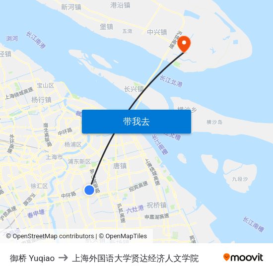 御桥 Yuqiao to 上海外国语大学贤达经济人文学院 map