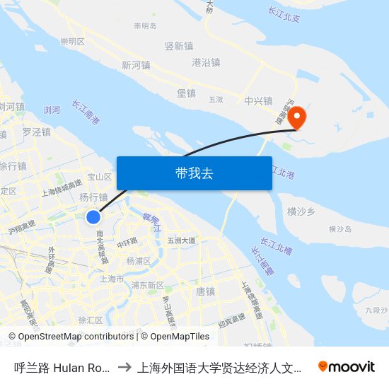 呼兰路 Hulan Road to 上海外国语大学贤达经济人文学院 map