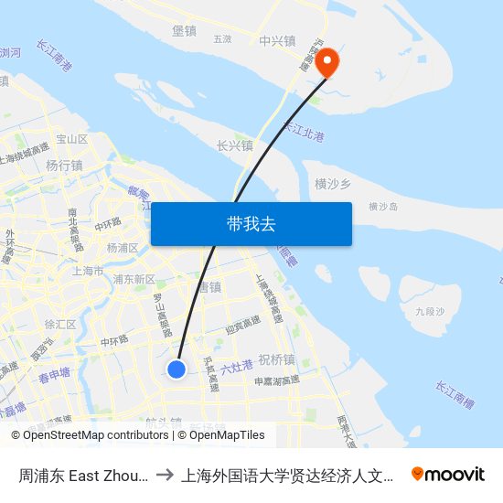 周浦东 East Zhoupu to 上海外国语大学贤达经济人文学院 map