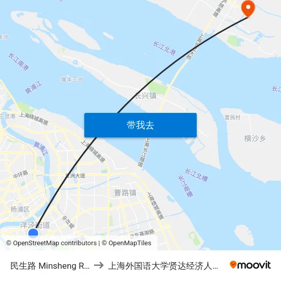 民生路 Minsheng Road to 上海外国语大学贤达经济人文学院 map