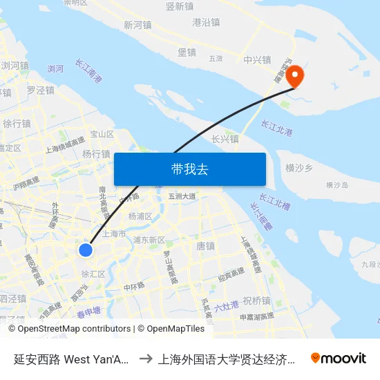 延安西路 West Yan'An Road to 上海外国语大学贤达经济人文学院 map