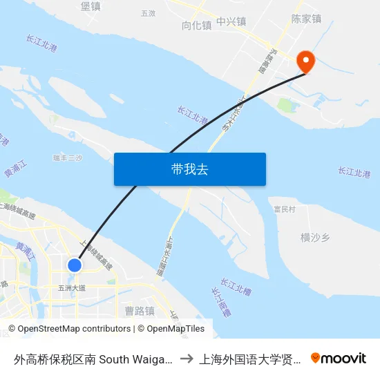 外高桥保税区南 South Waigaoqiao Free Trade Zone to 上海外国语大学贤达经济人文学院 map