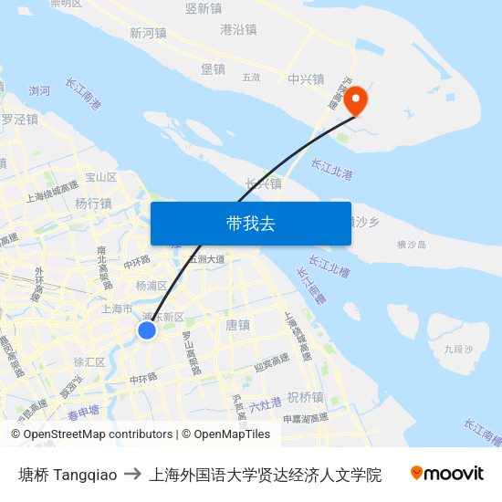 塘桥 Tangqiao to 上海外国语大学贤达经济人文学院 map