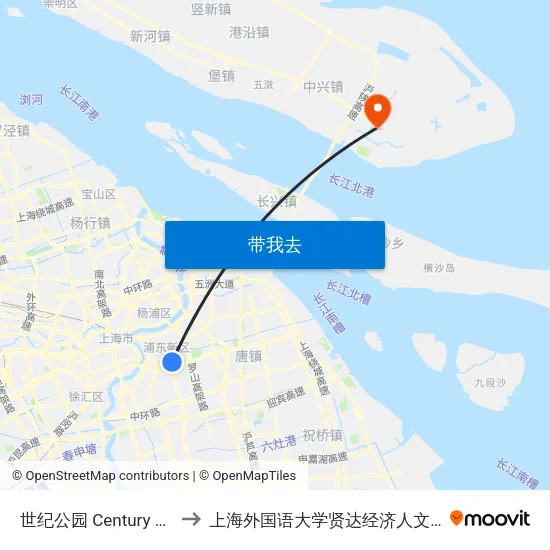 世纪公园 Century Park to 上海外国语大学贤达经济人文学院 map